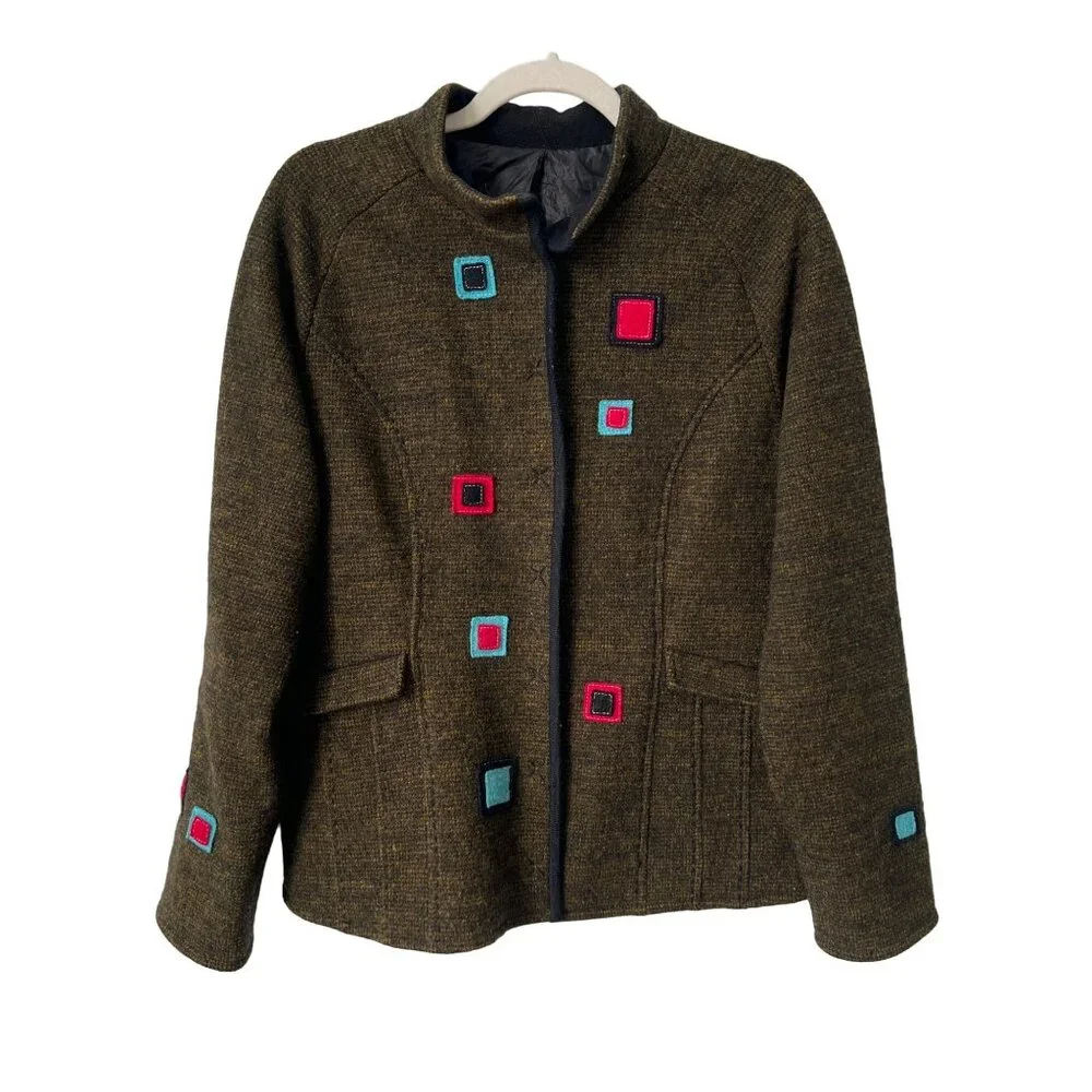 Snap Front Wool Jacket Womens Size Large Colorful Square Cozy Lagenlook Artsy - Picture 1 of 6